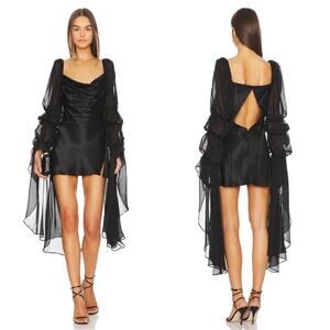 FOR LOVE & LEMONS Willow Dramatic Long Sleeve Ruched Black Mini Dress Size Small
